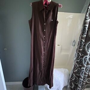Sleeveless Chocolate Brown Linen Button-Up Dress